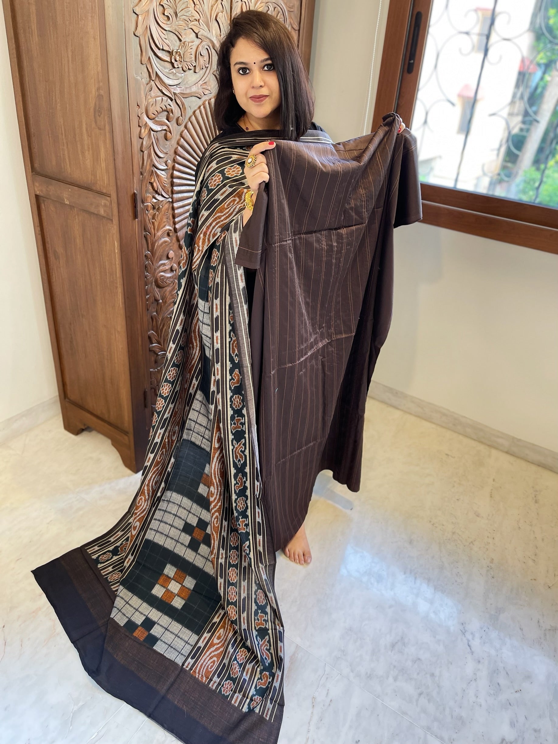 Brown Suit Set with Kantha Stitch Work on Glazed Cotton - Masakalee