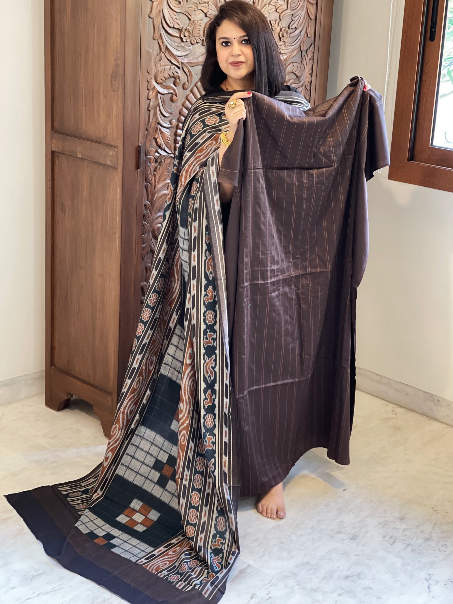 Brown Suit Set with Kantha Stitch Work on Glazed Cotton - Masakalee