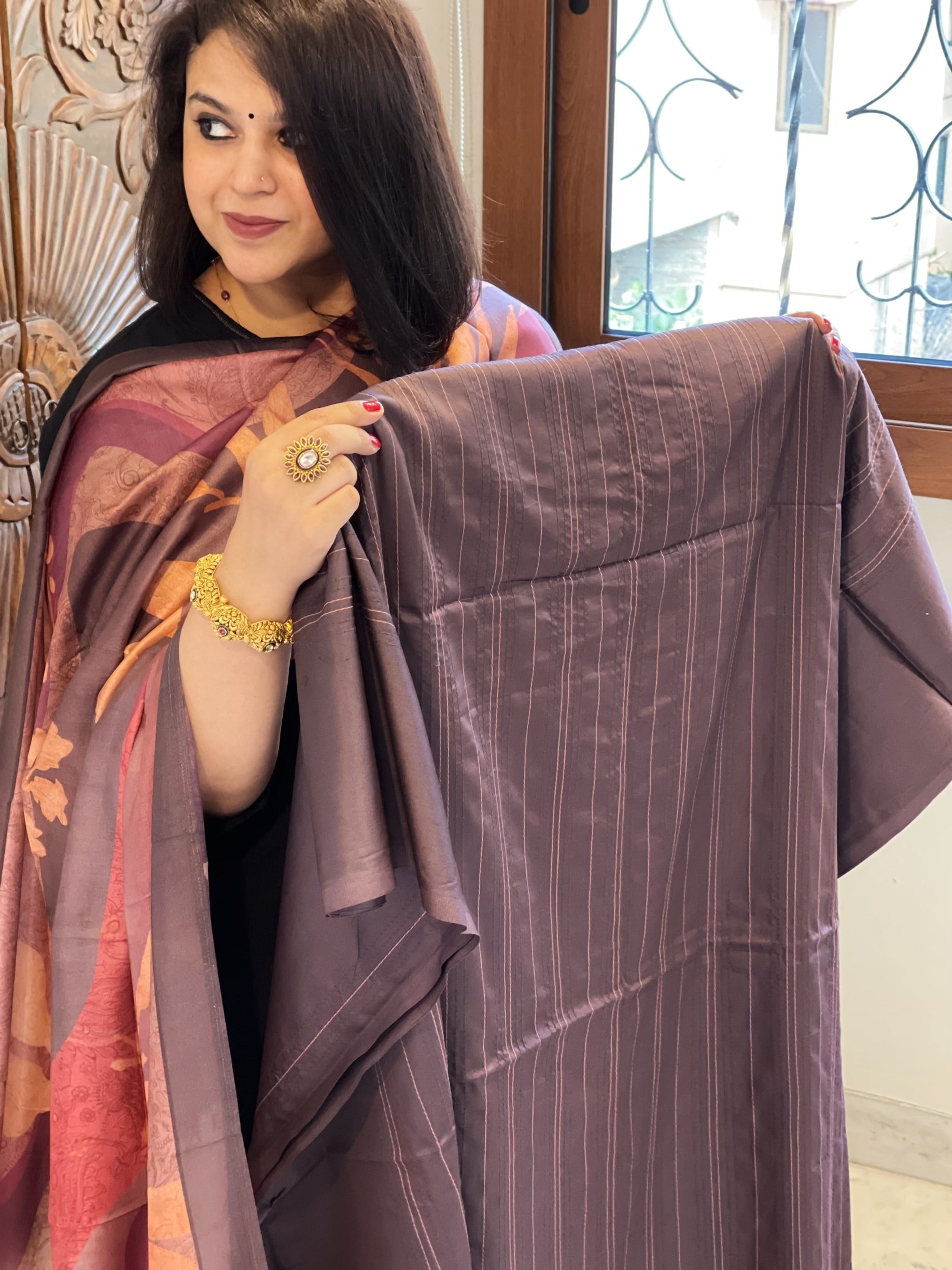 Brown Suit Set with Kantha Stitch Work on Glazed Cotton - Masakalee