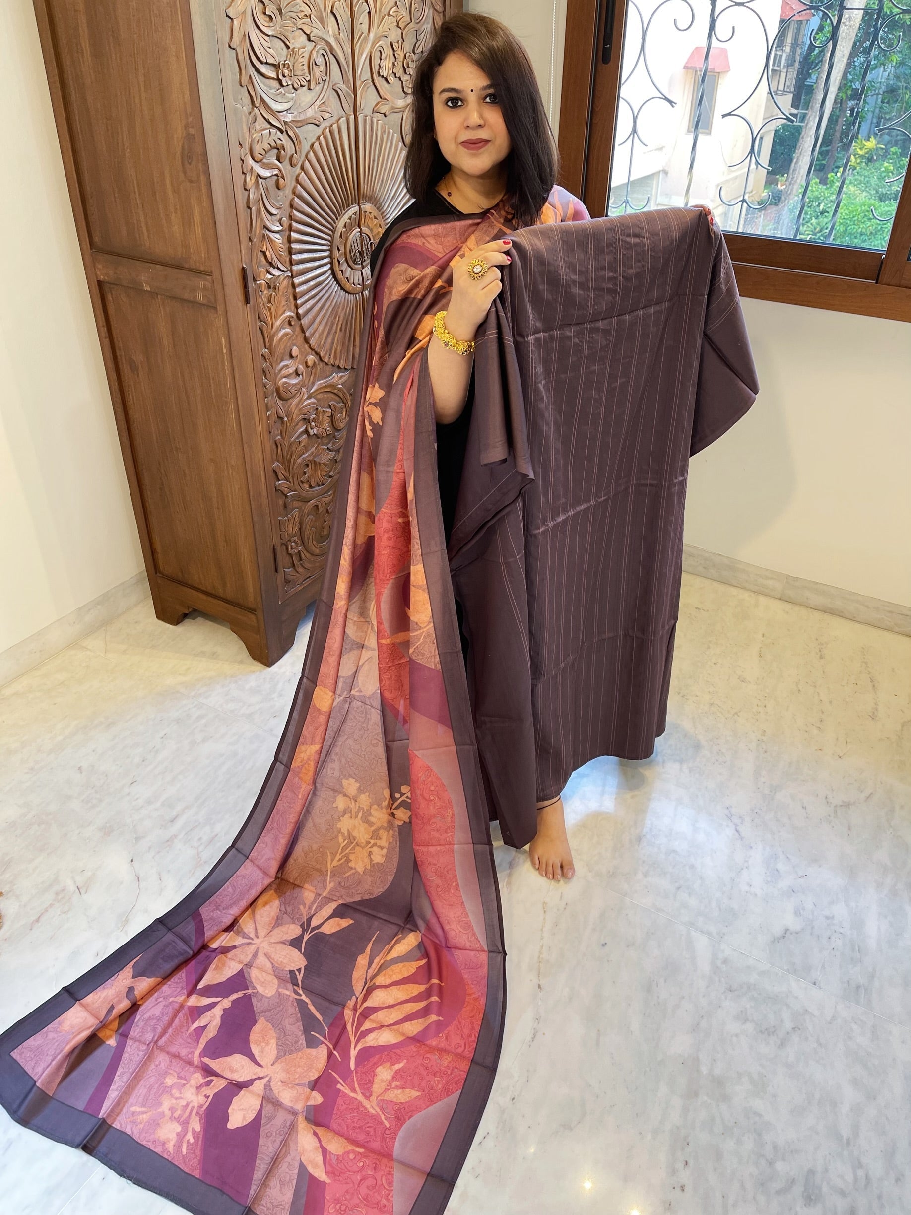 Brown Suit Set with Kantha Stitch Work on Glazed Cotton - Masakalee