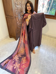 Brown Suit Set with Kantha Stitch Work on Glazed Cotton - Masakalee