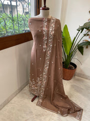 Brown Suit Set with Parsi Gara Embroidery Dupatta in Mul Cotton - Masakalee