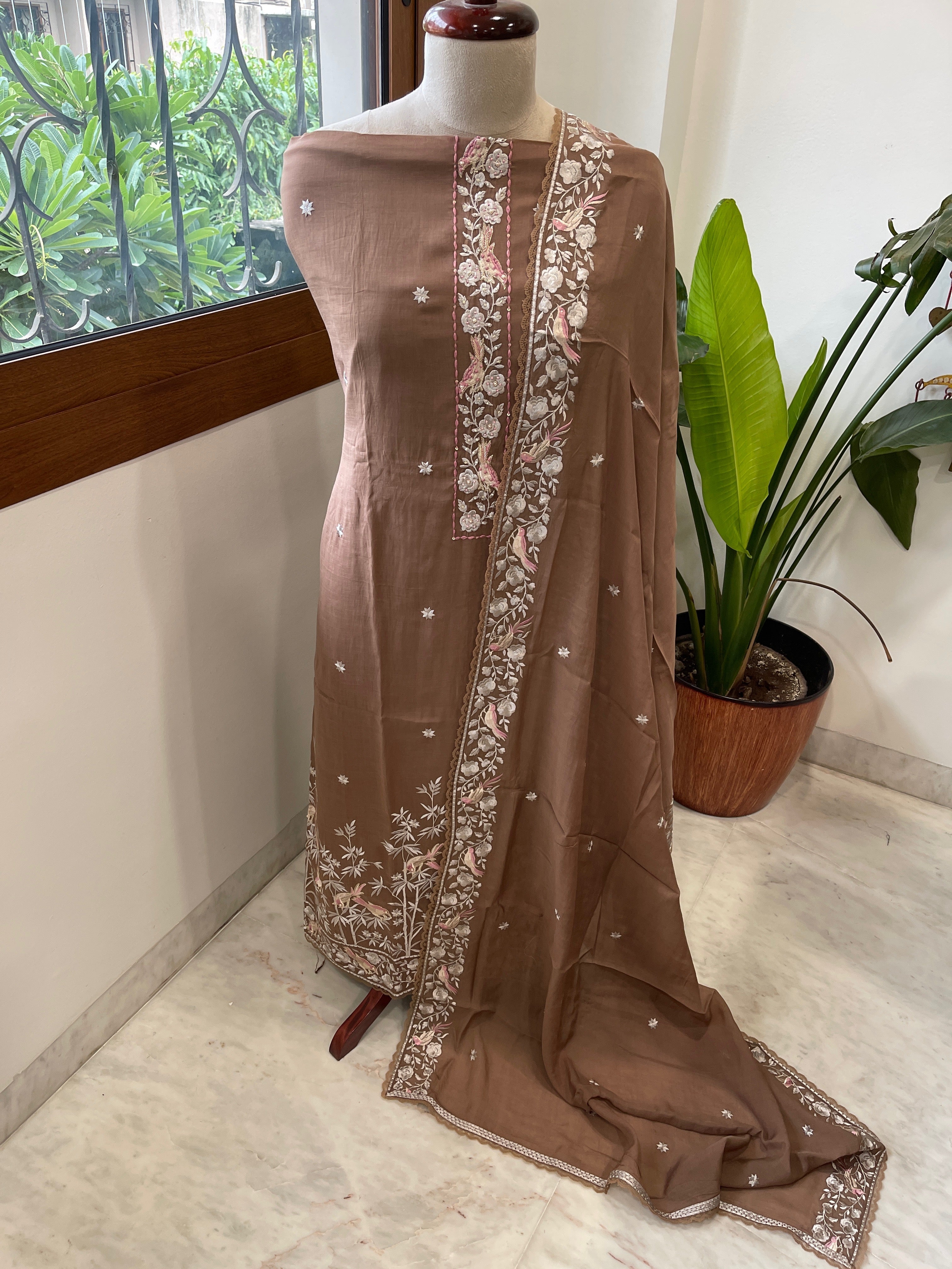 Brown Suit Set with Parsi Gara Embroidery Dupatta in Mul Cotton - Masakalee