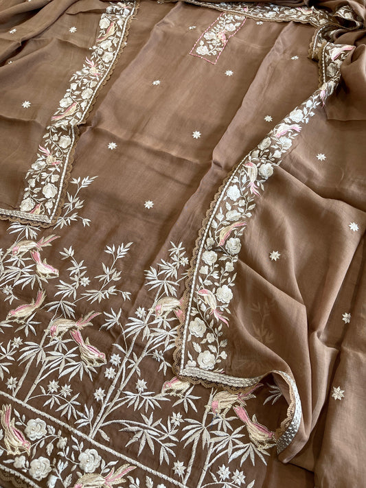 Brown Suit Set with Parsi Gara Embroidery Dupatta in Mul Cotton - Masakalee