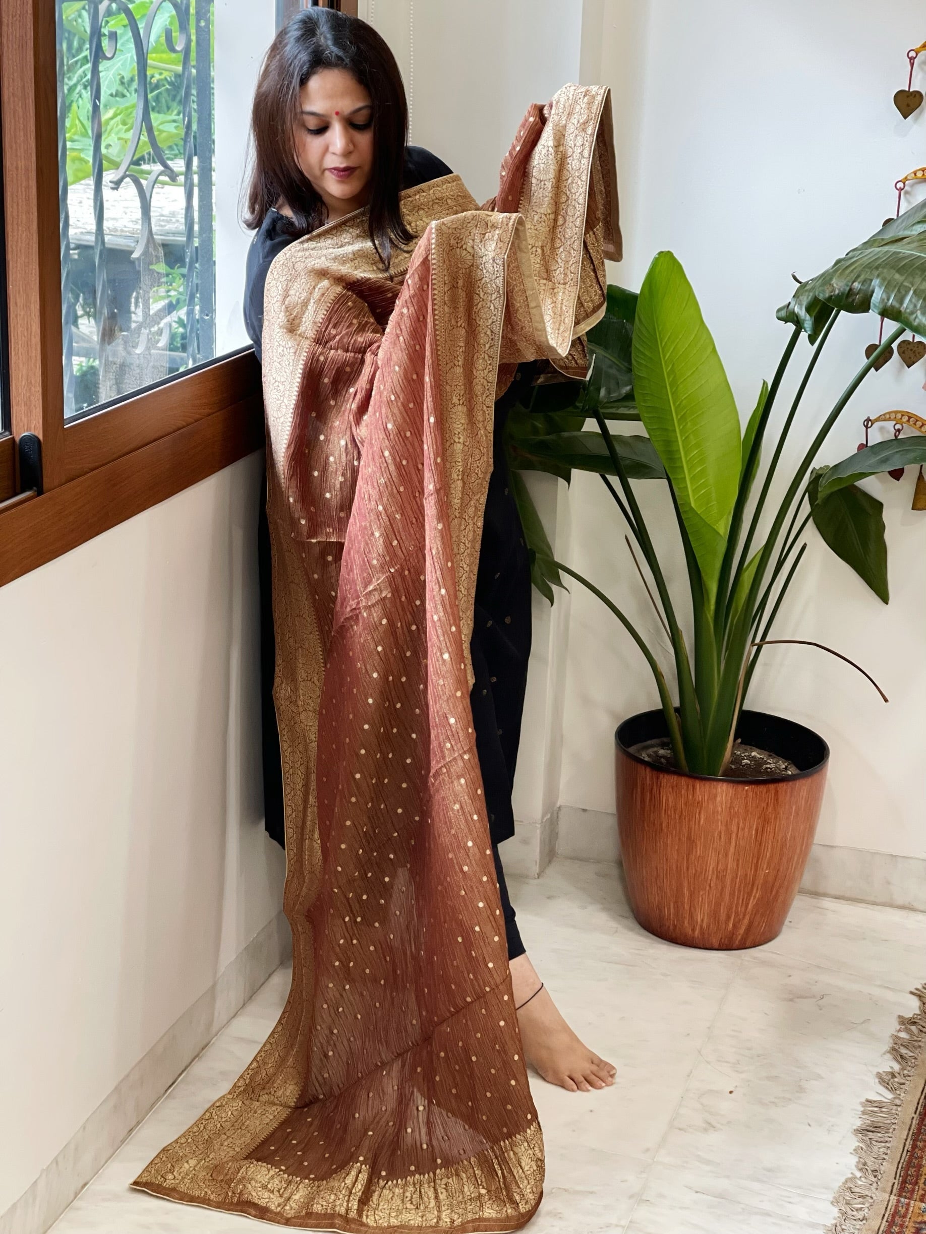 Brown Woven Banarasi Dupatta in Tissue - Masakalee