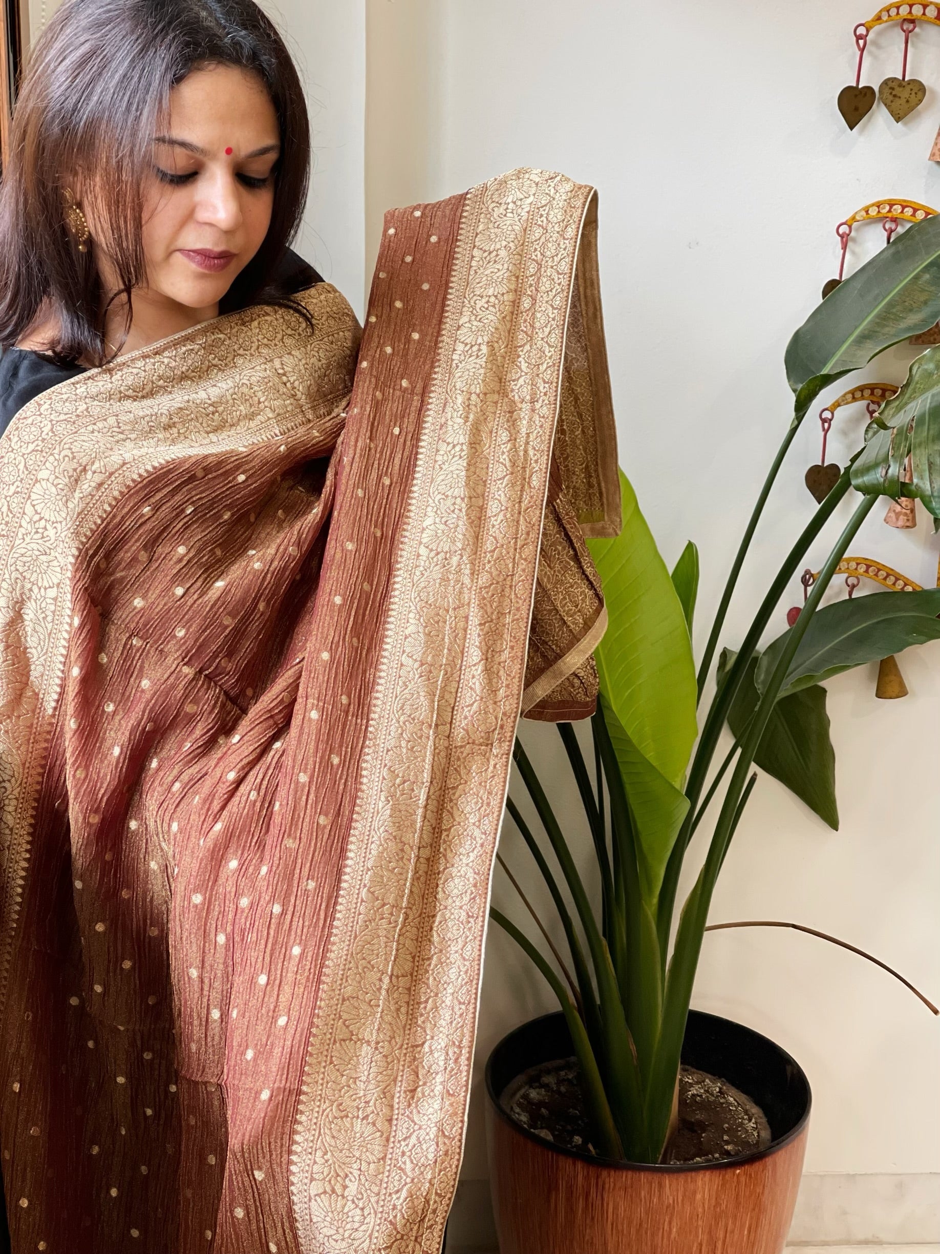 Brown Woven Banarasi Dupatta in Tissue - Masakalee
