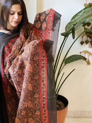 Brownish Black Kota Cotton Handblock Printed Dupatta - Masakalee
