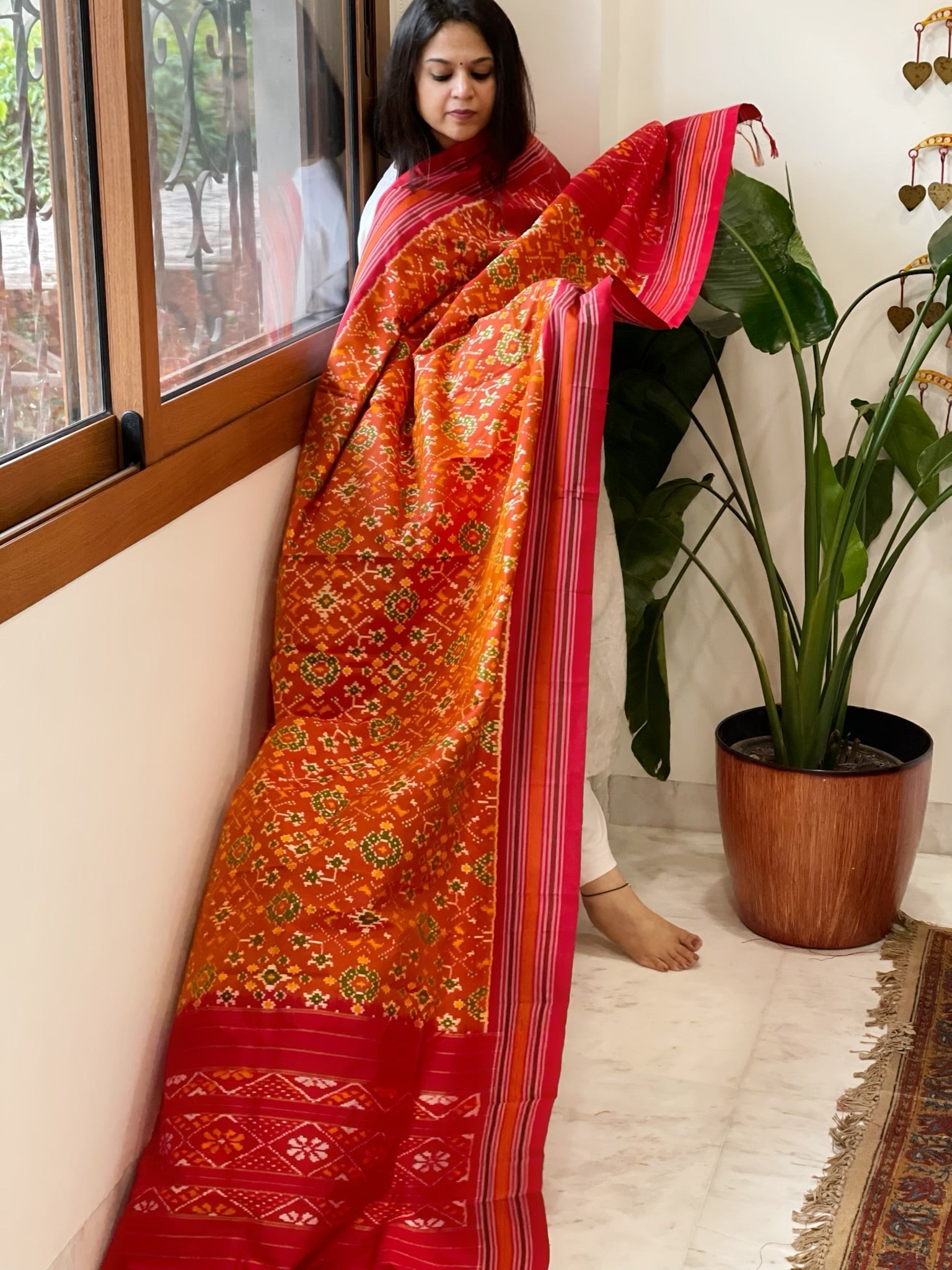 Burnt Orange Handwoven Ikat Dupatta in Pure Silk - Masakalee