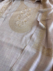 Campaigne Beige Winter Suit Set with Aari Work in Pashmina Wool - Masakalee