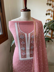 Carrot Peach Suit Set with Pearl, Cut Daana and Thread Handwork in Pure Mul Chanderi - Masakalee