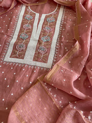 Carrot Peach Suit Set with Pearl, Cut Daana and Thread Handwork in Pure Mul Chanderi - Masakalee