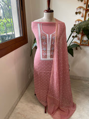 Carrot Peach Suit Set with Pearl, Cut Daana and Thread Handwork in Pure Mul Chanderi - Masakalee