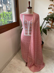 Carrot Peach Suit Set with Pearl, Cut Daana and Thread Handwork in Pure Mul Chanderi - Masakalee