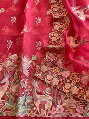 Carrot Pink Dupatta Set (Kurta+Dupatta) with Thread Embroidery in Pure Organza - Masakalee