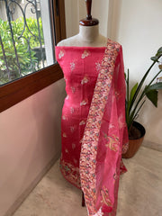 Carrot Pink Dupatta Set (Kurta+Dupatta) with Thread Embroidery in Pure Organza - Masakalee