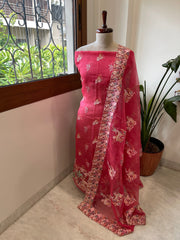 Carrot Pink Dupatta Set (Kurta+Dupatta) with Thread Embroidery in Pure Organza - Masakalee