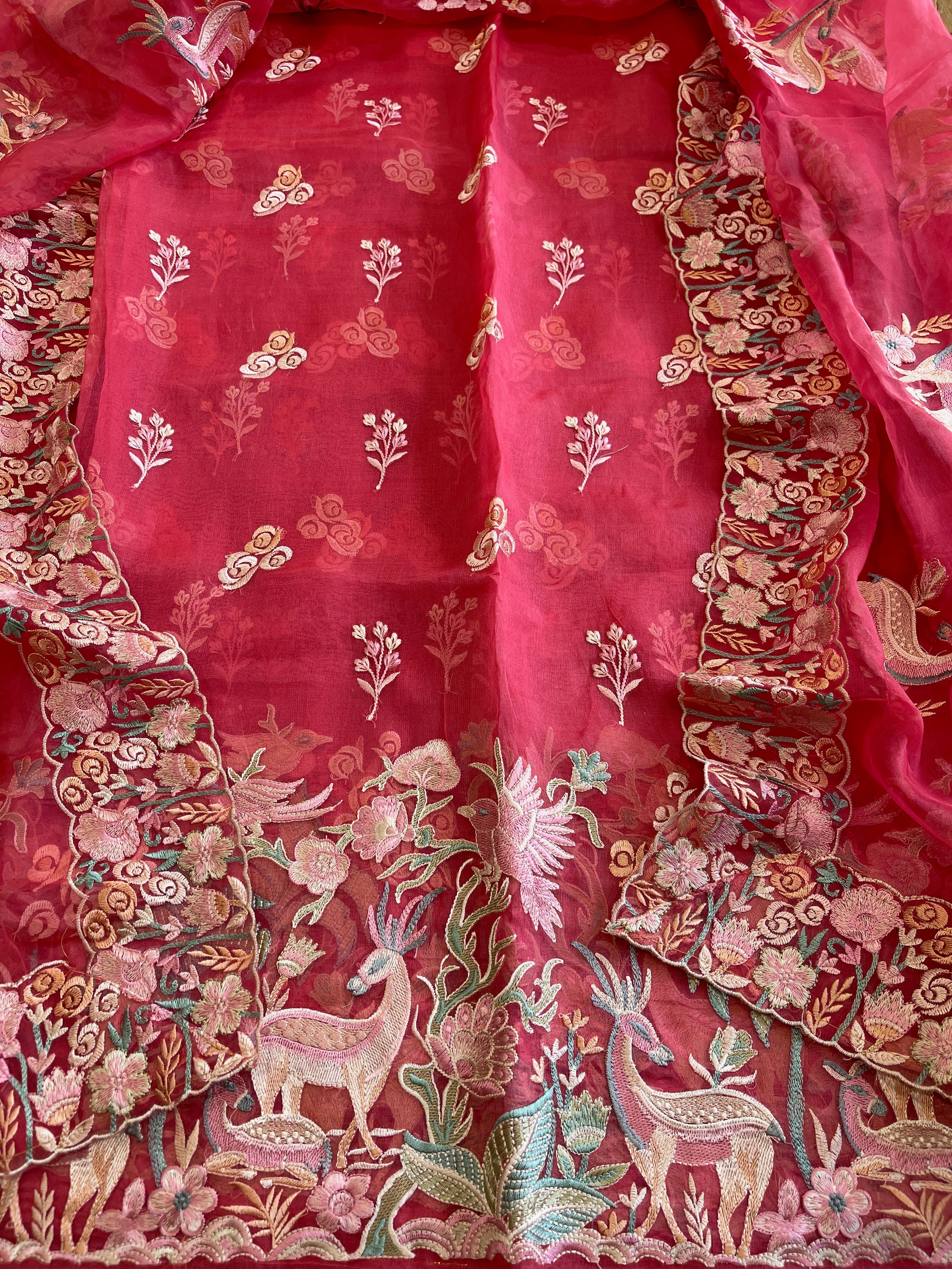 Carrot Pink Dupatta Set (Kurta+Dupatta) with Thread Embroidery in Pure Organza - Masakalee