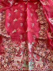 Carrot Pink Dupatta Set (Kurta+Dupatta) with Thread Embroidery in Pure Organza - Masakalee