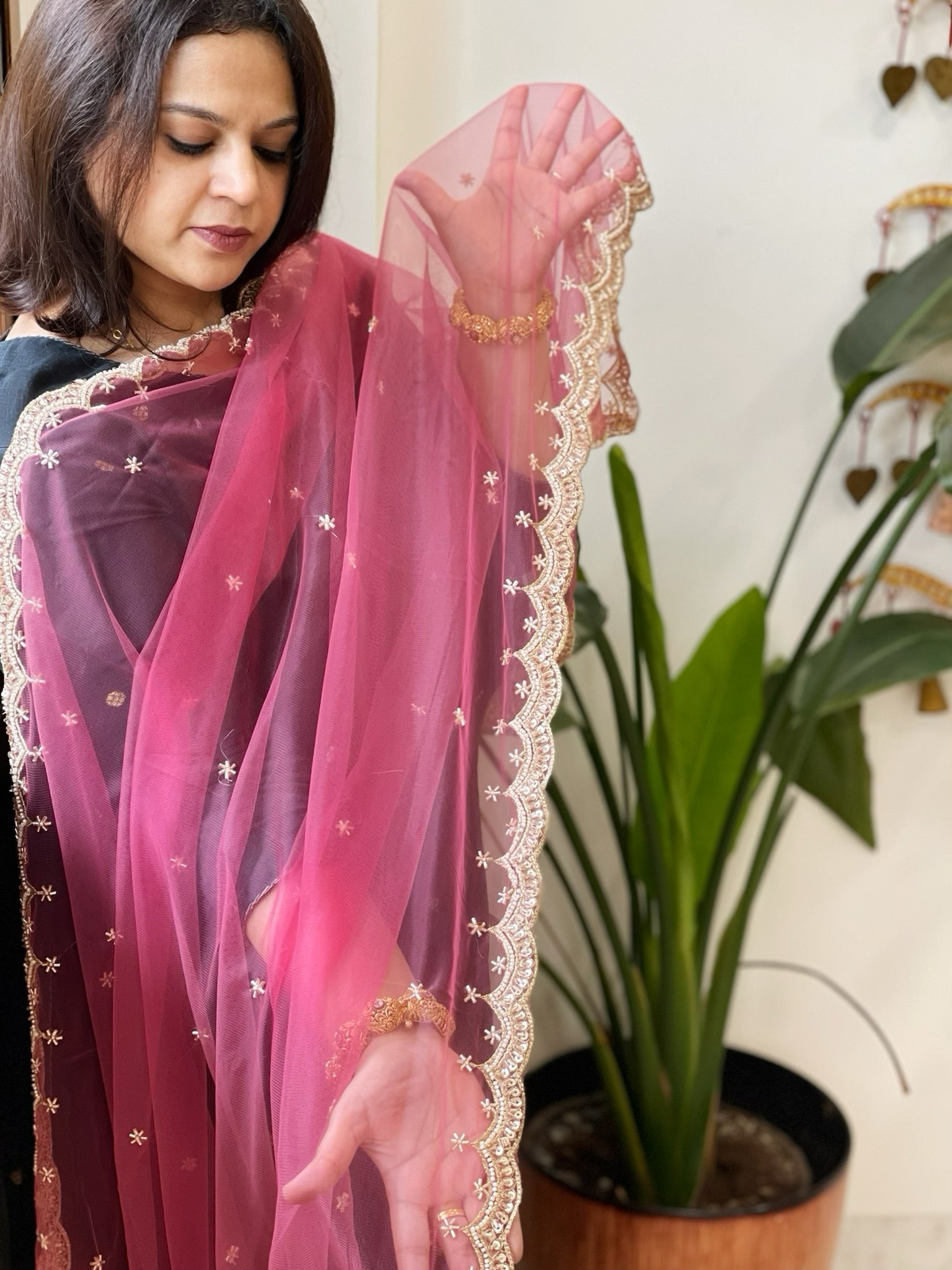 Carrot Pink Net Dupatta with Pearl, Sequin and Cut Daana Embroidery - Masakalee