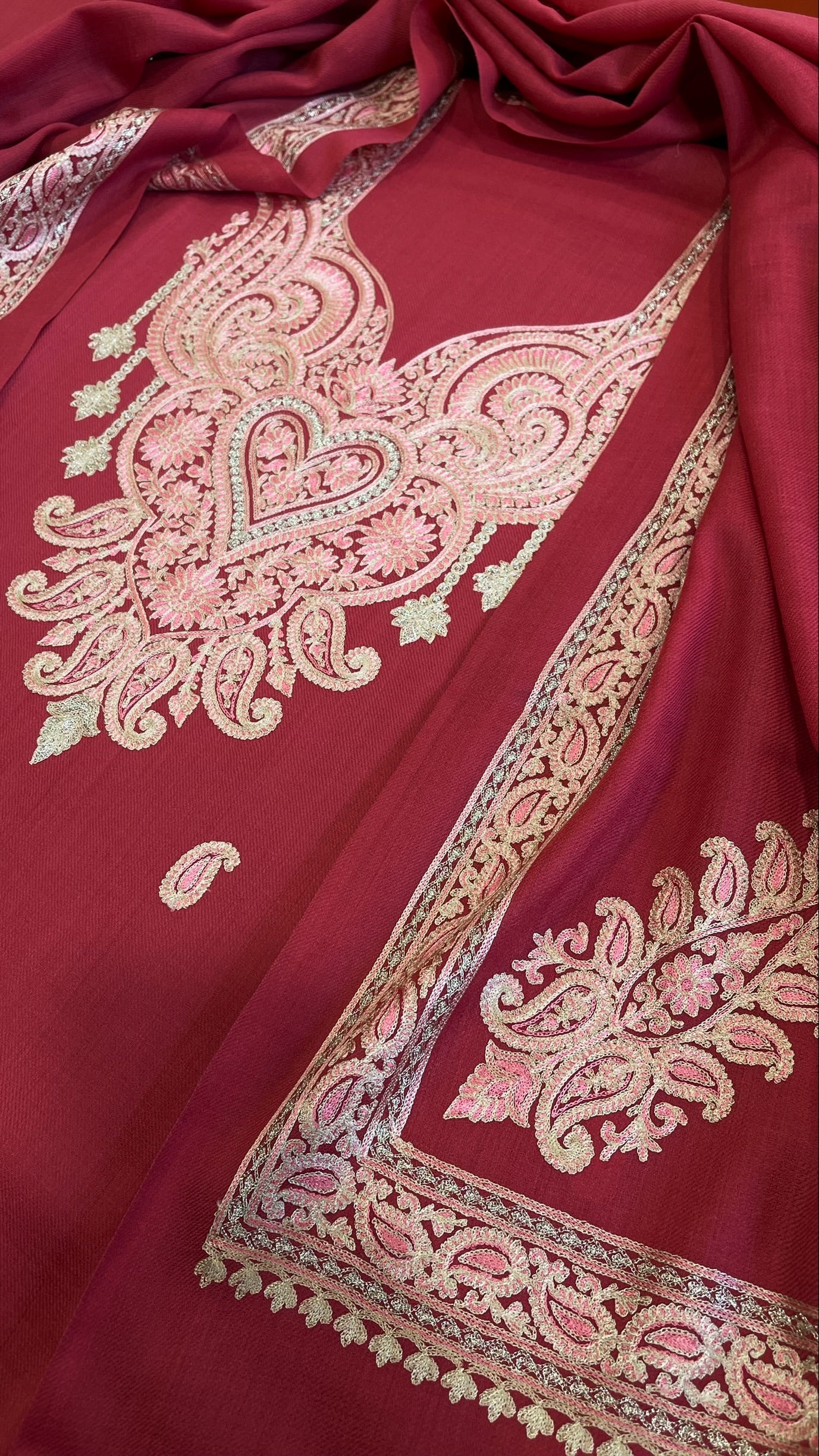 Carrot Pink Winter Suit Set with Aari Work in Pashmina Wool - Masakalee