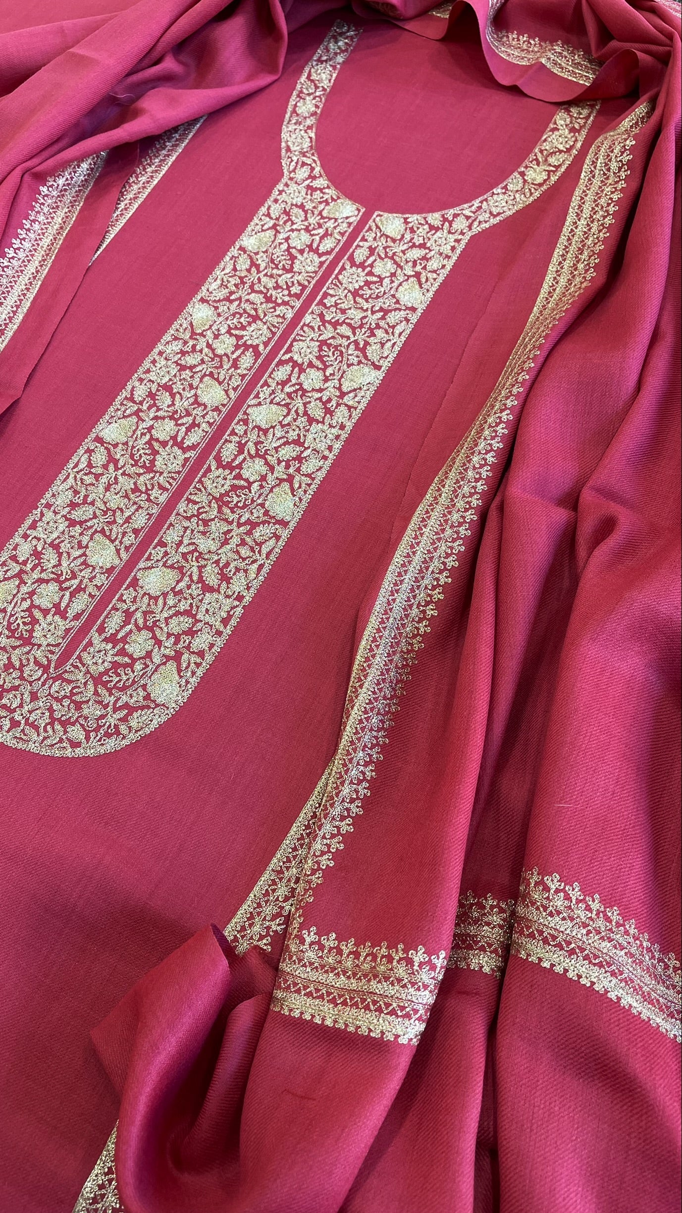Carrot Pink Winter Suit Set with Aari Work in Pashmina Wool - Masakalee