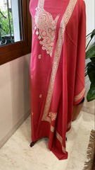 Carrot Pink Winter Suit Set with Aari Work in Pashmina Wool - Masakalee