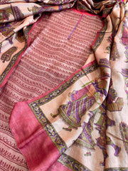 Carrot Red Dupatta Set (Kurta+Dupatta) with Handblock Print in Pure Tussar Silk - Masakalee