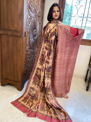 Carrot Red Dupatta Set (Kurta+Dupatta) with Handblock Print in Pure Tussar Silk - Masakalee