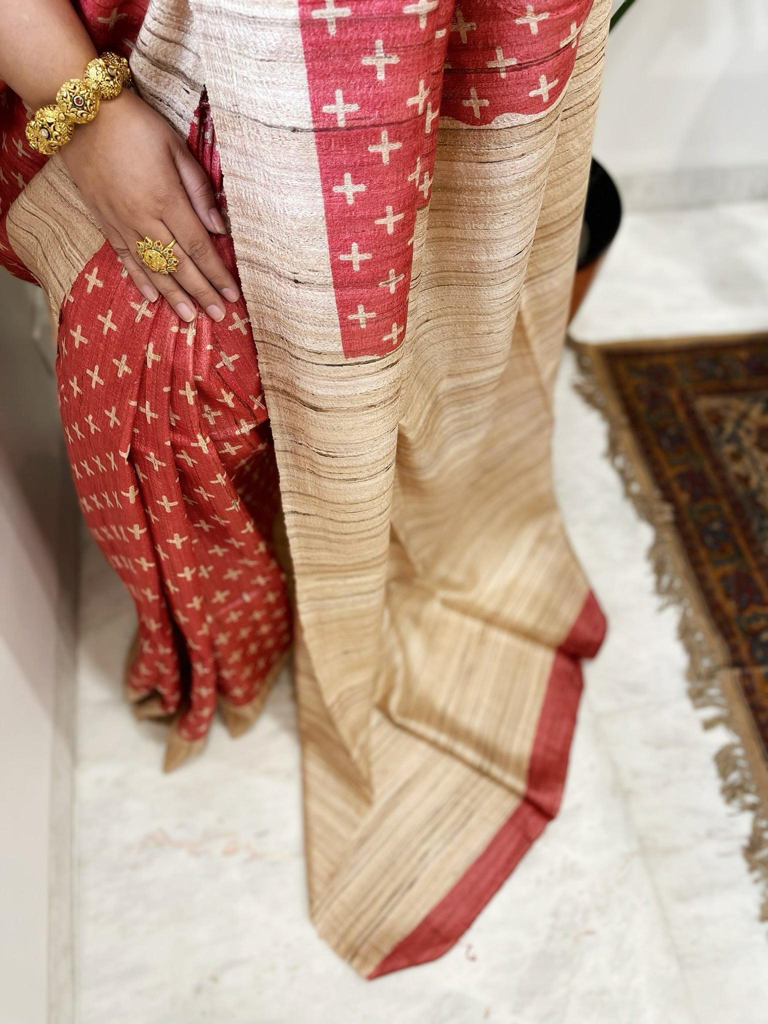 Carrot Red Printed Saree in Pure Tussar - Geecha Silk - Masakalee