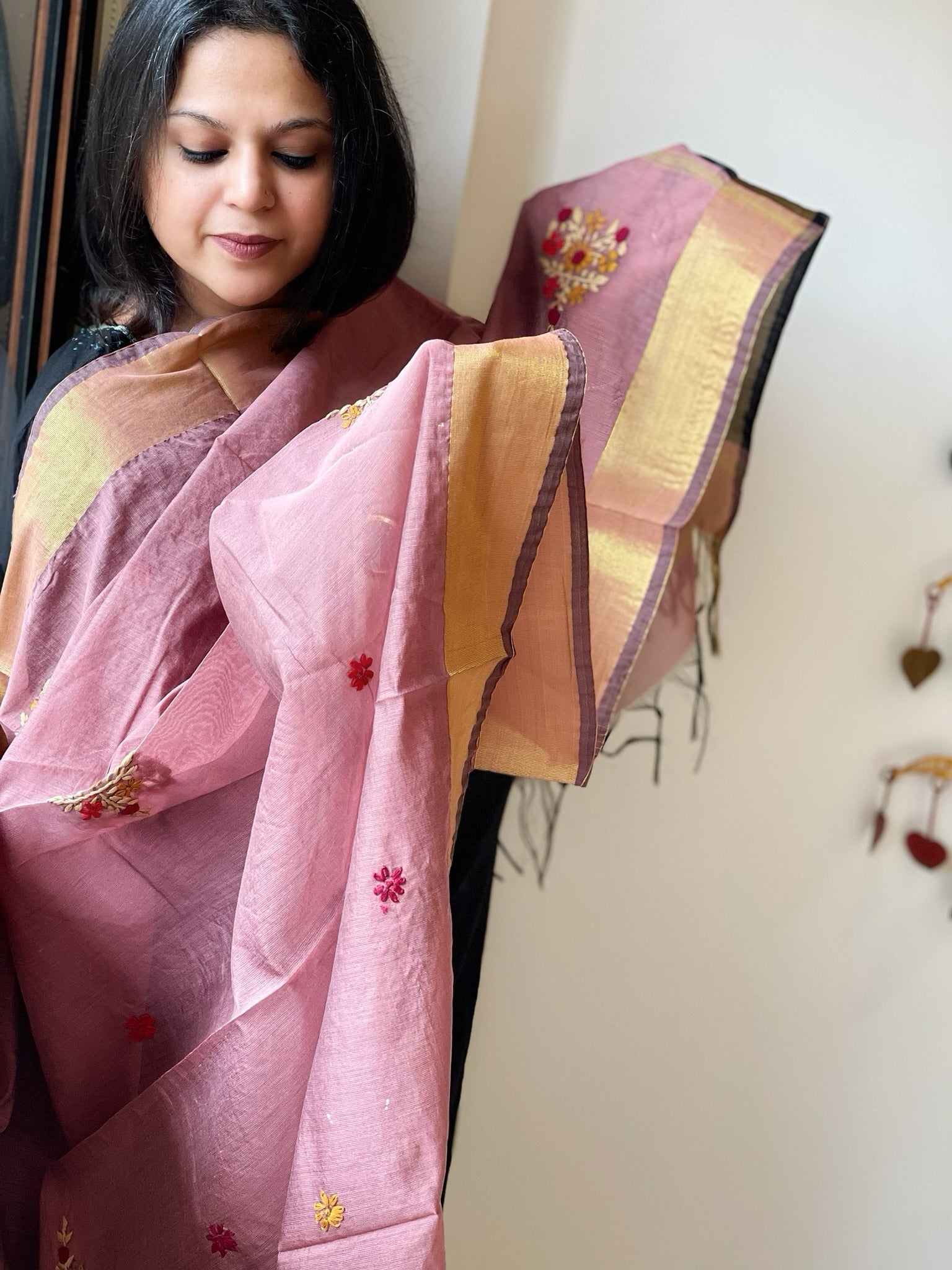 Chanderi Silk Dupatta with Ikat Pallu, Kantha Stitch and Knot Handwork - Masakalee