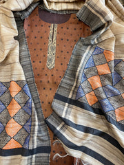Chocolate Brown Dupatta Set (Kurta+Dupatta) with Handblock Print in Pure Tussar Silk - Masakalee