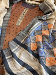 Chocolate Brown Dupatta Set (Kurta+Dupatta) with Handblock Print in Pure Tussar Silk - Masakalee