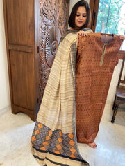 Chocolate Brown Dupatta Set (Kurta+Dupatta) with Handblock Print in Pure Tussar Silk - Masakalee