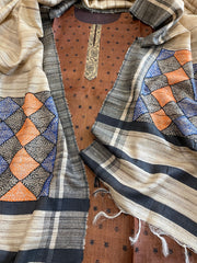 Chocolate Brown Dupatta Set (Kurta+Dupatta) with Handblock Print in Pure Tussar Silk - Masakalee