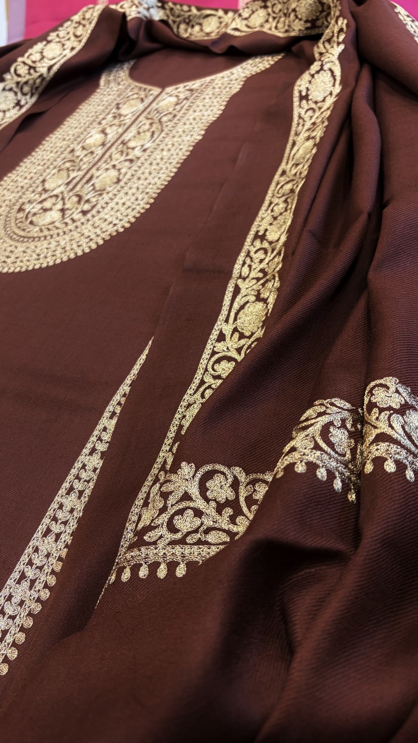 Chocolate Brown Winter Suit Set with Aari Work in Pashmina Wool - Masakalee
