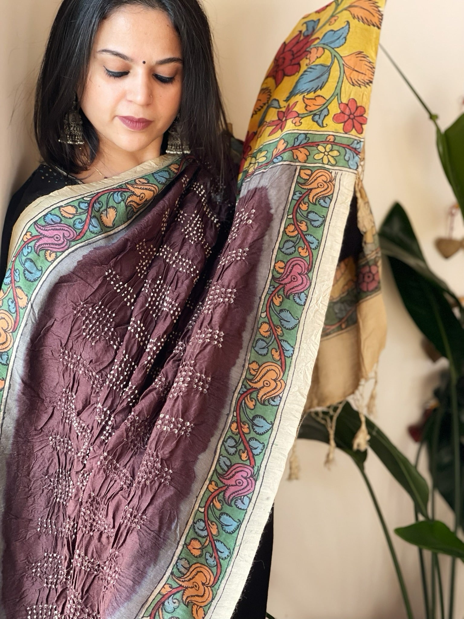Cola Brown Rai Bandhej Dupatta with Handpainted Kalamkari Pallu in Pure Muga Silk - Masakalee