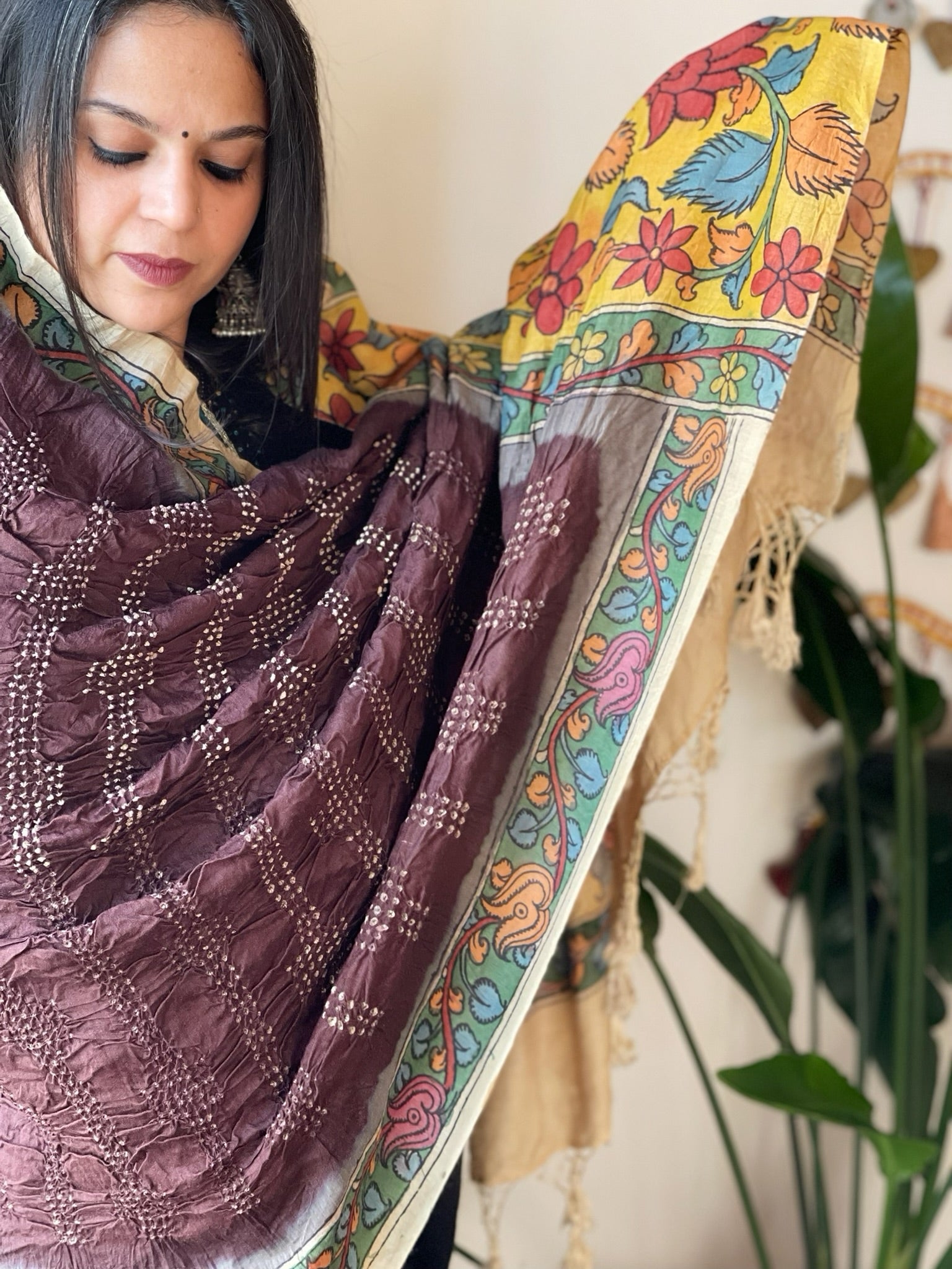 Cola Brown Rai Bandhej Dupatta with Handpainted Kalamkari Pallu in Pure Muga Silk - Masakalee