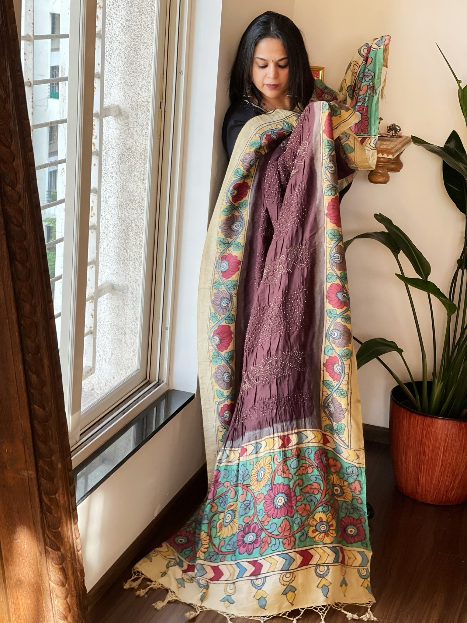 Cola Brown Rai Bandhej Dupatta with Handpainted Kalamkari Pallu in Pure Muga Silk - Masakalee