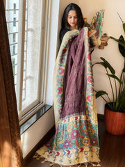 Cola Brown Rai Bandhej Dupatta with Handpainted Kalamkari Pallu in Pure Muga Silk - Masakalee