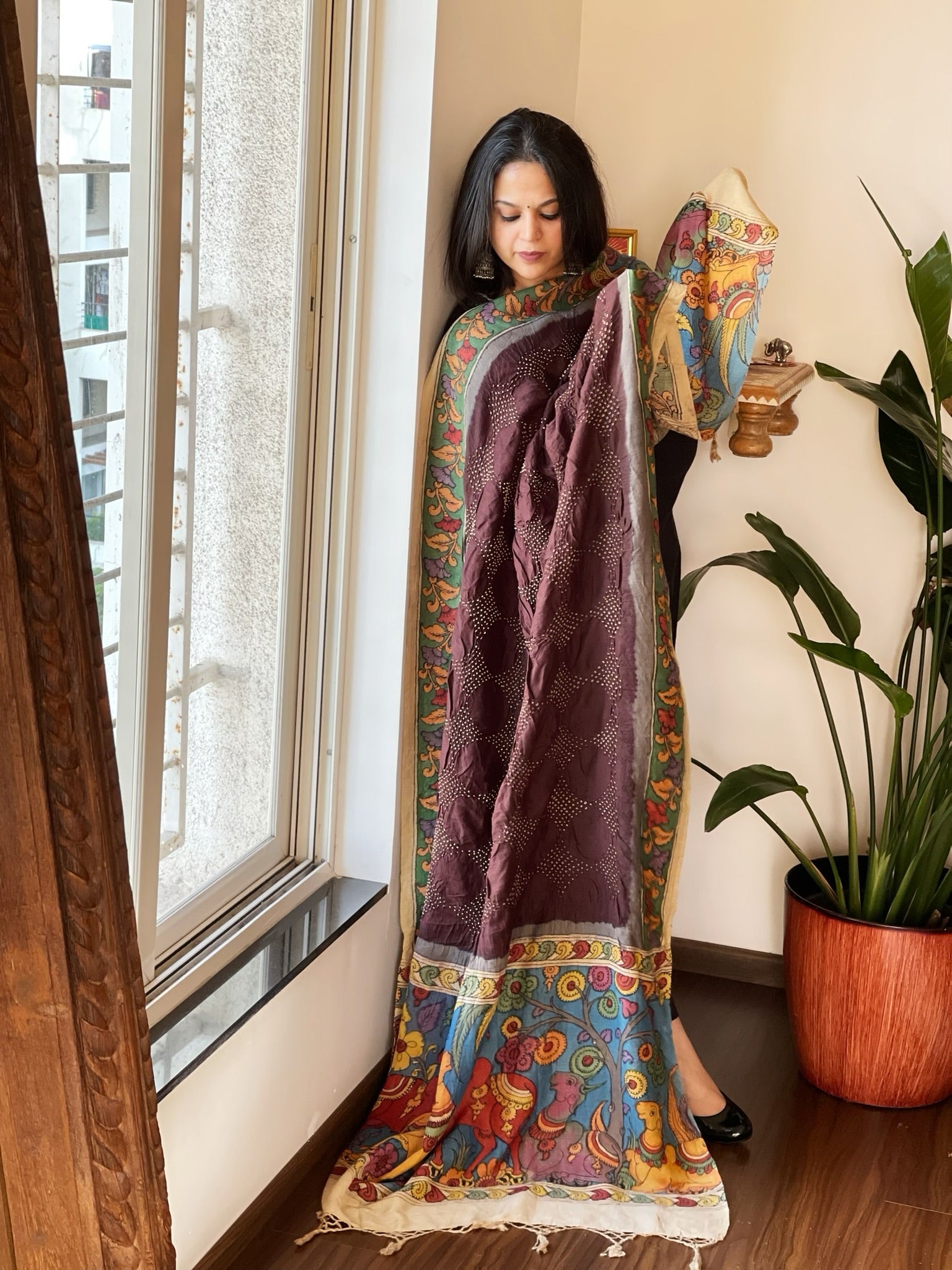 Cola Brown Rai Bandhej Dupatta with Handpainted Kalamkari Pallu in Pure Muga Silk - Masakalee
