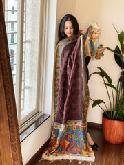 Cola Brown Rai Bandhej Dupatta with Handpainted Kalamkari Pallu in Pure Muga Silk - Masakalee