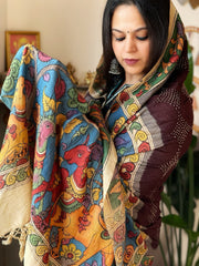 Cola Brown Rai Bandhej Dupatta with Handpainted Kalamkari Pallu in Pure Muga Silk - Masakalee