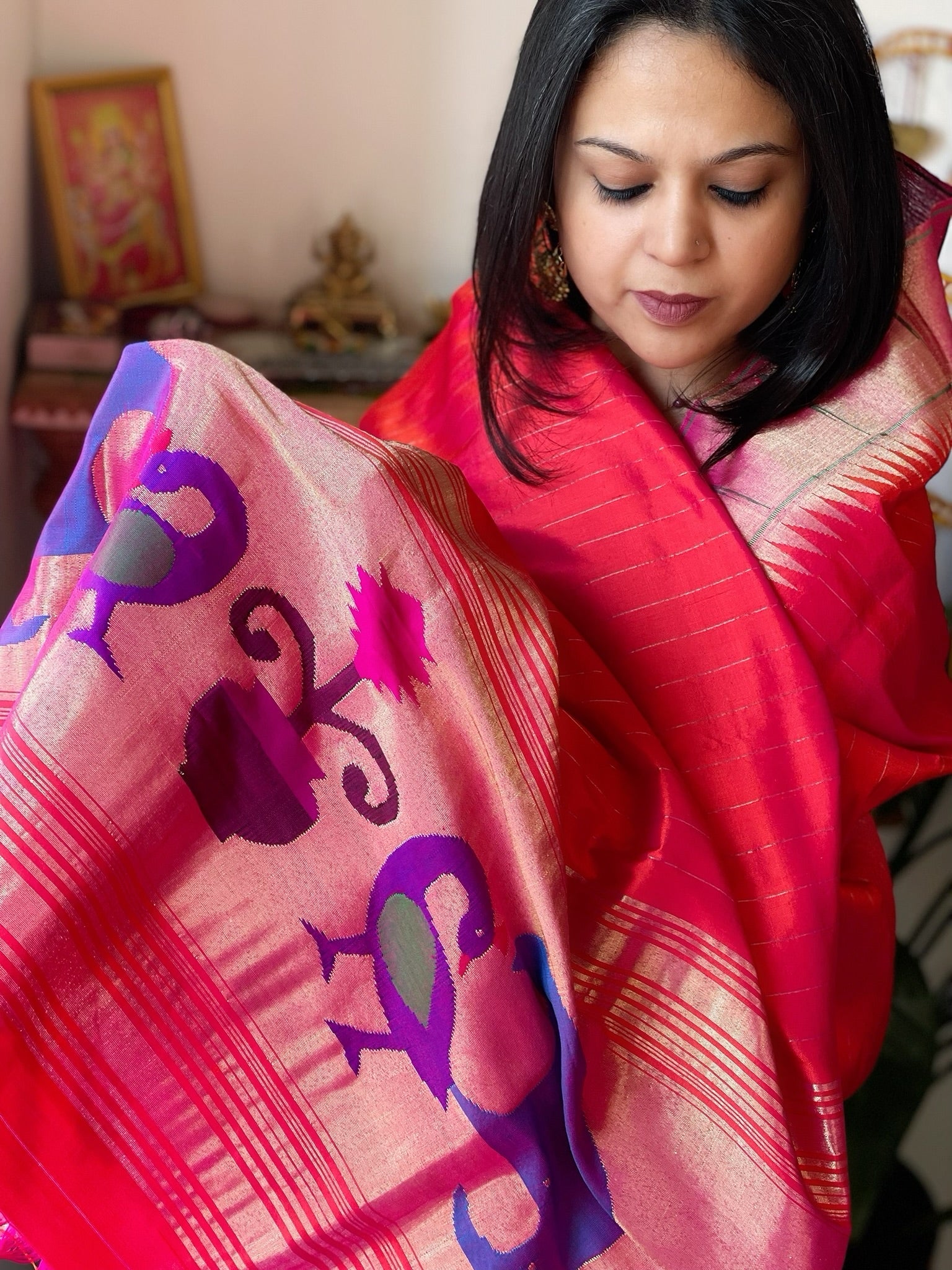 Coral Pink Handwoven Paithani Dupatta in Pure Silk - Masakalee