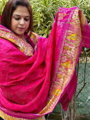 Coral Pink Handwoven Patola with Rai Bandhej Dupatta in Pure Silk - Masakalee
