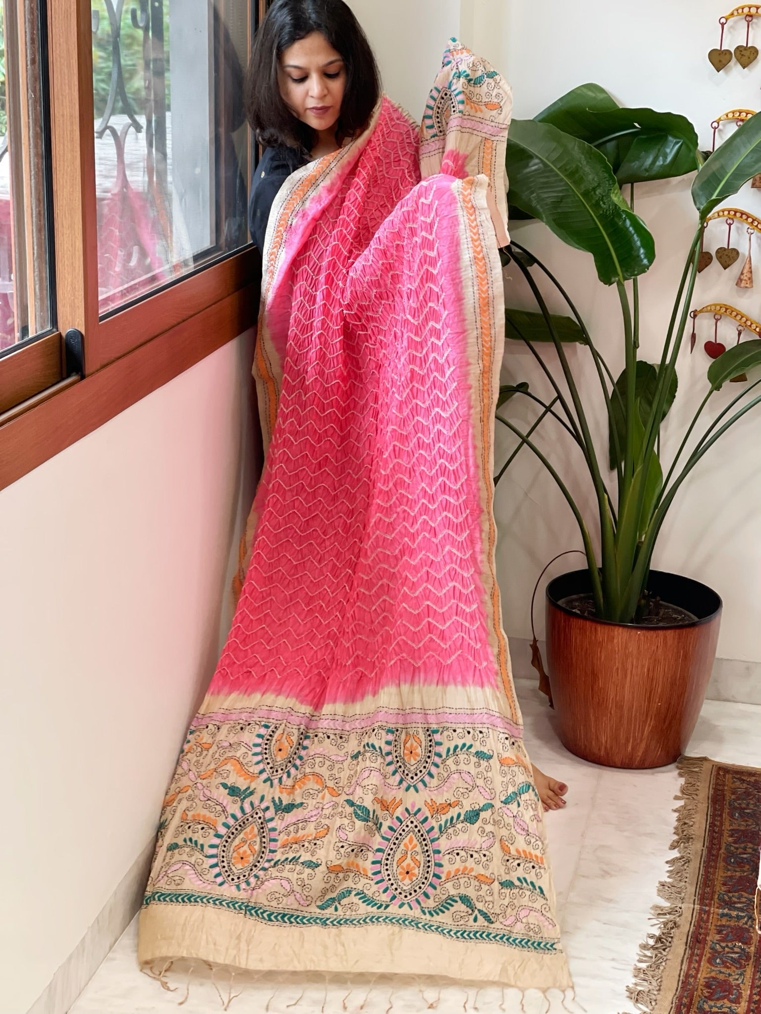 Coral Pink Rai Bandhej Dupatta with Kantha Handwork in Pure Munga Tussar Silk - Masakalee