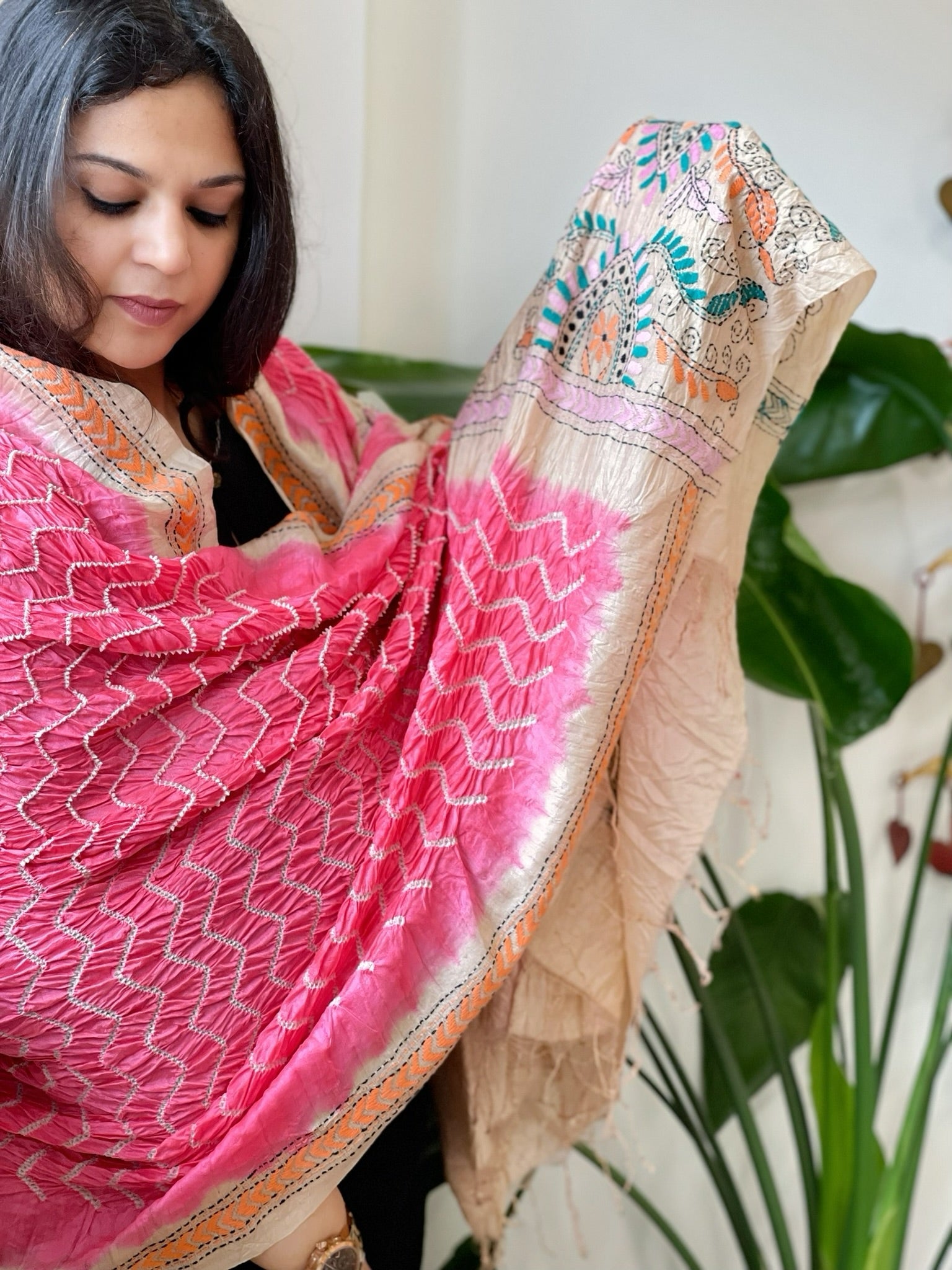 Coral Pink Rai Bandhej Dupatta with Kantha Handwork in Pure Munga Tussar Silk - Masakalee