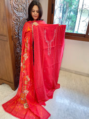 Coral Pink Suit Set with Sequin and Knot handwork in Mul Chanderi - Masakalee