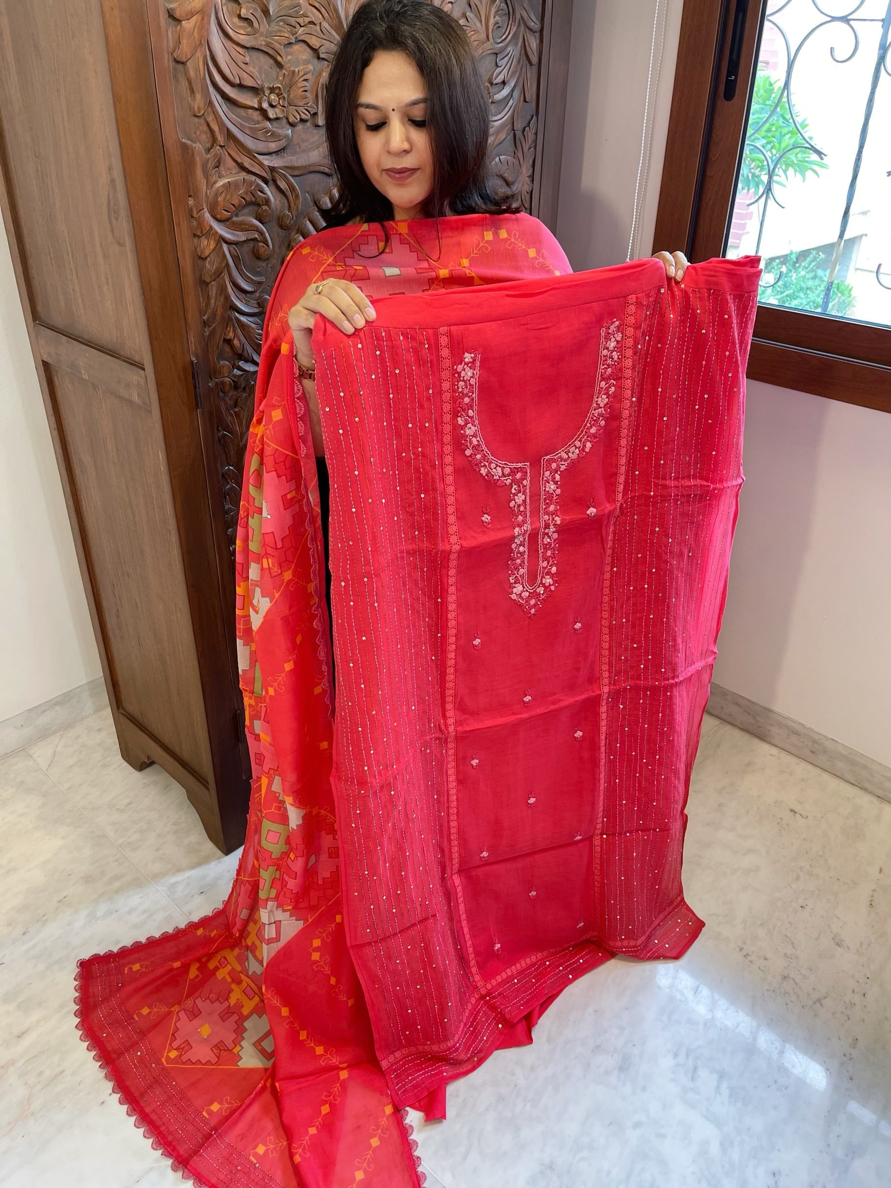 Coral Pink Suit Set with Sequin and Knot handwork in Mul Chanderi - Masakalee
