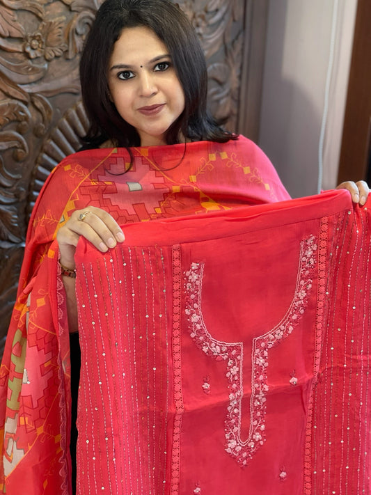 Coral Pink Suit Set with Sequin and Knot handwork in Mul Chanderi - Masakalee