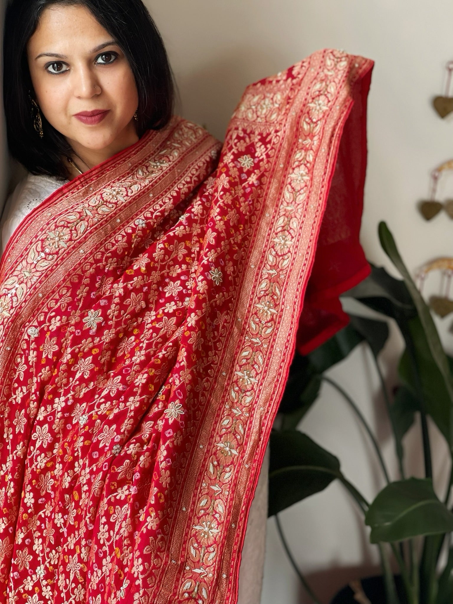 Coral Red Handwoven NeemZari Bareek Bandhani with Dabka Handwork in Pure Georgette - Masakalee